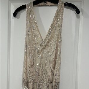 Ashley Stewart Cream and Silver Sequin Backless Jumpsuit